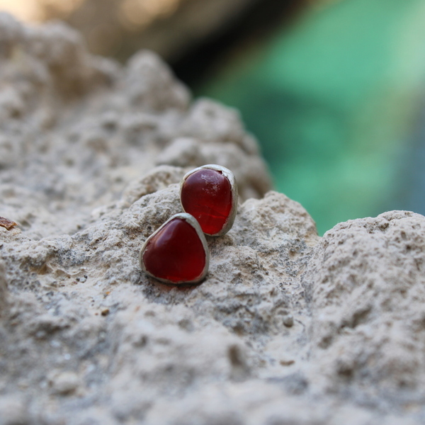 Σκουλαρίκια από κόκκινο γυαλάκι της θάλασσας - ασήμι 925, καρφωτά - 2