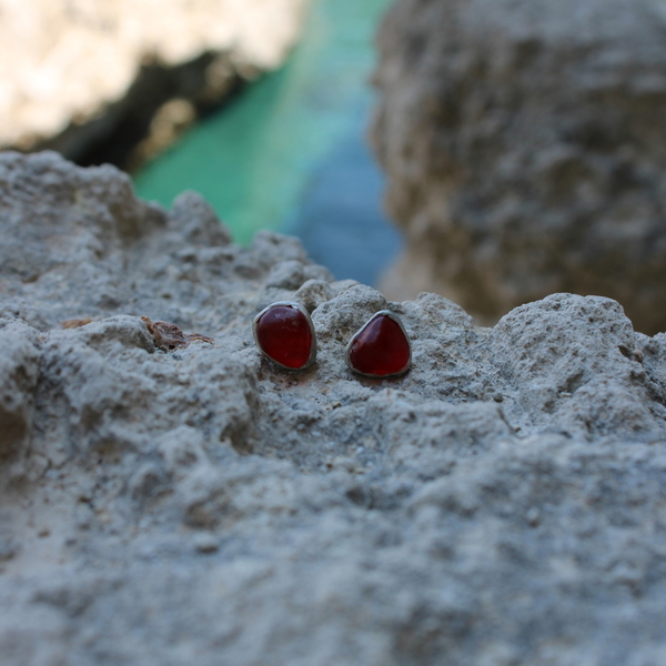 Σκουλαρίκια από κόκκινο γυαλάκι της θάλασσας - ασήμι 925, καρφωτά - 3
