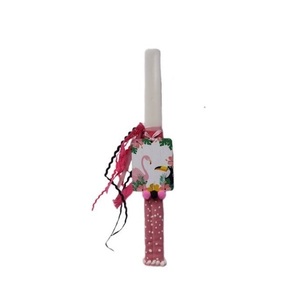 Λαμπάδα με φλαμίνγκο και τουκάν, κερί άσπρο πλακέ 38 εκ. - κορίτσι, λαμπάδες, flamingos, για ενήλικες, για εφήβους