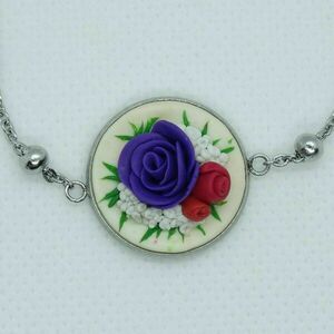 Ατσάλινο βραχιόλι αλυσίδα με τριαντάφυλλα από πολυμερικό πηλό - αλυσίδες, πηλός, λουλούδι, ατσάλι, χεριού - 2
