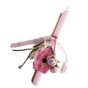 Λαμπάδα ροζ, ξυστή, αρωματική 29 cm με φωλίτσα με λουλούδια και κορδέλες! - ζωγραφισμένα στο χέρι, κορίτσι, λαμπάδες, σπιτάκι, για ενήλικες