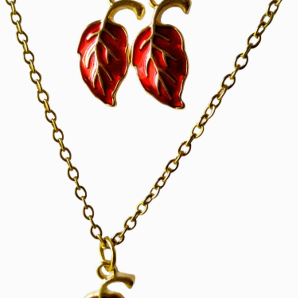 Σετ κολιέ χρυσό και σκουλαρίκια με κόκκινα φυλλαράκια - charms, επιχρυσωμένα, κοντά, ατσάλι, φθηνά - 4