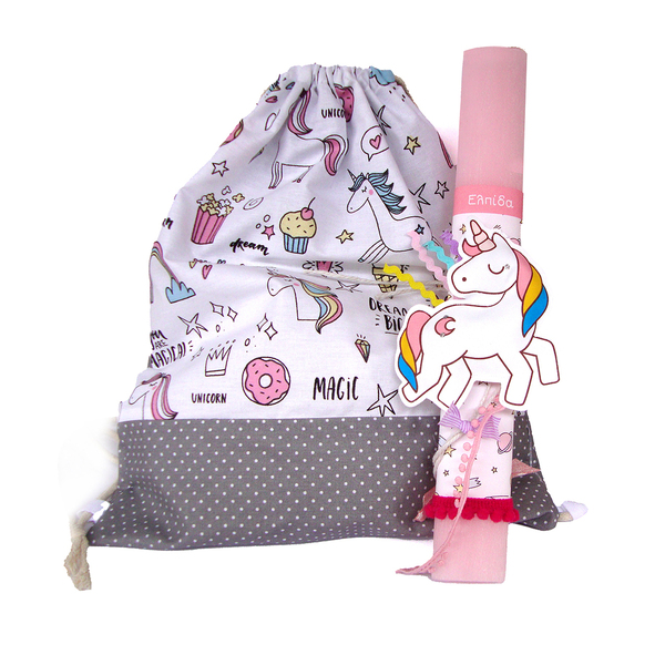 Σετ Λαμπάδα Μονόκερος με τσάντα πλάτης - κορίτσι, λαμπάδες, μονόκερος, για παιδιά, προσωποποιημένα