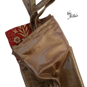 Μεταλιζέ Χειροποίητη τσαντα 32X38, σουετίνη με κόκκινη φάσα, ροζ χρυσό, totebag allday shopper shopping bag - ύφασμα, ώμου, all day, δερματίνη - 3