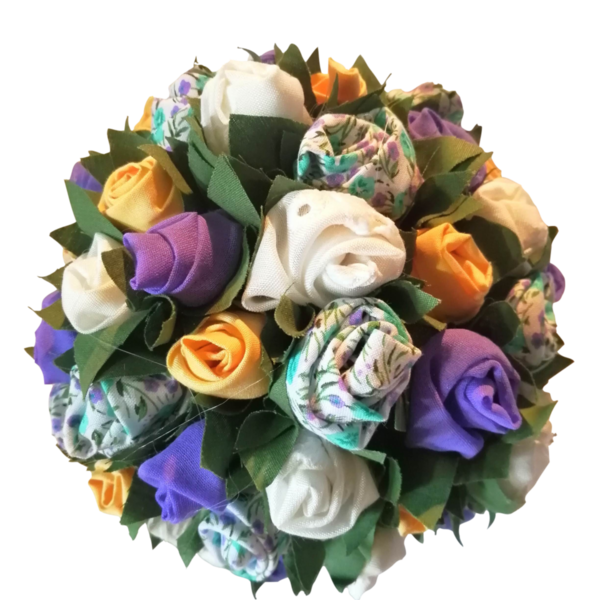 Χειροποίητη μπάλα safran με υφασμάτινα λουλούδια 16cm - ύφασμα, λουλούδια, χειροποίητα