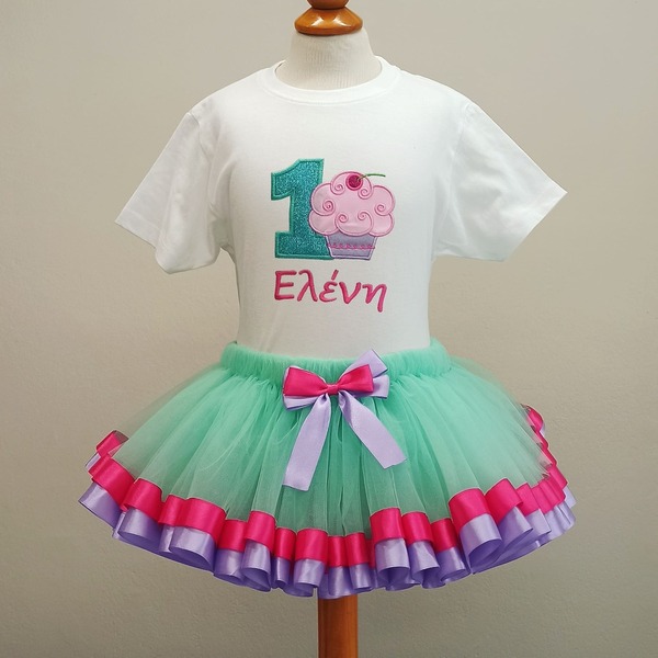 Σετ ρούχων γενεθλίων cupcake με όνομα και tutu φούστα - κορίτσι, σετ, παιδικά ρούχα, βρεφικά ρούχα - 3
