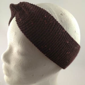 Πλεκτή κορδέλα μαλλιών καφέ βαμβακερή με παγιέτες - βαμβάκι, σκουφάκια, headbands - 3