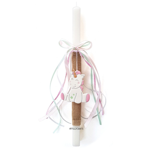 Λαμπάδα με χειροποίητο πήλινο στολίδι μονόκερος (37cm) - 02 - κορίτσι, λαμπάδες, μονόκερος, για παιδιά