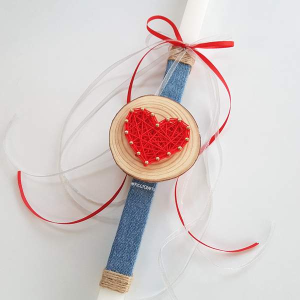 Λαμπάδα με χειροποίητο ξύλινο στολίδι καρδούλα (37cm) - καρδιά, λαμπάδες, για ενήλικες, για εφήβους - 3