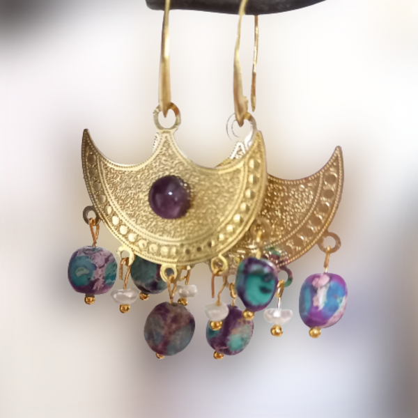 Boho σκουλαρίκια chandelier με αμέθυστο, μαργαριτάρια και μωβ-τυρκουάζ ίασπη - ημιπολύτιμες πέτρες, μαργαριτάρι, αμέθυστος, κρεμαστά - 5