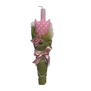 Λαμπάδα με υφασμάτινη τουλίπα - ροζ πουά - κορίτσι, λουλούδια, λαμπάδες, για παιδιά, για εφήβους