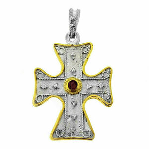 Μενταγιόν Ασημένιο 925 Σταυρός Βυζαντινός 12x22x27mm ΡΟΔΙΟ ΡΟΥΜΠΙΝΙ - ασήμι, επιχρυσωμένα, σταυρός, κοντά, μενταγιόν