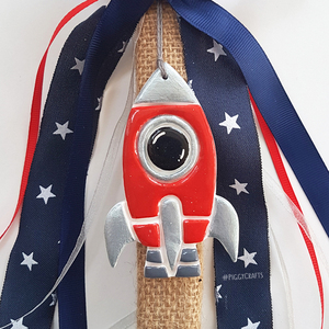 Λαμπάδα με χειροποίητο πήλινο στολίδι διαστημόπλοιο (28,5cm) - αγόρι, λαμπάδες, διάστημα, πύραυλοι - 4