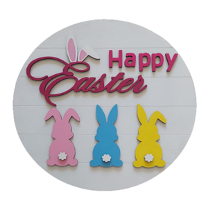 Λευκή ξύλινη πινακίδα Happy Easter with bunnies 28εκ. - χειροποίητα, διακοσμητικά, πασχαλινή διακόσμηση