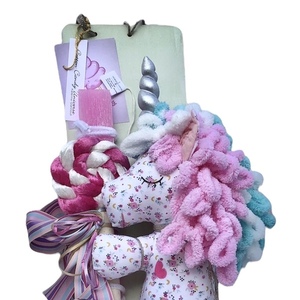 Σετ δώρου,Πασχαλινή λαμπάδα ροζ 30cm,πλακέ 3,8x1,5cm, με πάνινο, μονόκερο 33cm ροζ με λουλούδια - κορίτσι, λαμπάδες, σετ, μονόκερος, παιχνιδολαμπάδες - 2