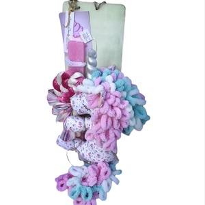 Σετ δώρου,Πασχαλινή λαμπάδα ροζ 30cm,πλακέ 3,8x1,5cm, με πάνινο, μονόκερο 33cm ροζ με λουλούδια - κορίτσι, λαμπάδες, σετ, μονόκερος, παιχνιδολαμπάδες - 4