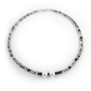 Kολιέ με smoky quartz, shell pearls & ασήμι 925 - ημιπολύτιμες πέτρες, ασήμι 925, κοντά, πέρλες - 2