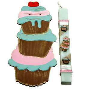 Πασχαλινή λαμπάδα cupcakes με ξύλινη πλάτη σε βεραμάν και ροζ - κορίτσι, λαμπάδες, για παιδιά, για εφήβους - 2