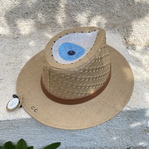 Ψάθινο καπέλο Panama eyes - ζωγραφισμένα στο χέρι, απαραίτητα καλοκαιρινά αξεσουάρ, ψάθινα - 5