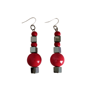 "Cherry on Top" - Κρεμαστά σκουλαρίκια με αιματίτης, κεραμικά στοιχεία και ξύλο - ημιπολύτιμες πέτρες, ξύλο, κρεμαστά, γάντζος