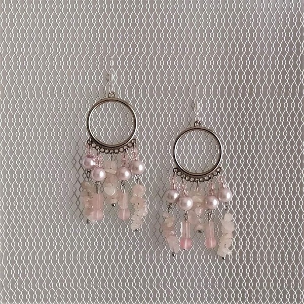 "Αφροδίτη" - Κρεμαστά σκουλαρίκια με ροζ πέρλες και πέτρες χαλαζία - ημιπολύτιμες πέτρες, κρεμαστά, πέρλες, γάντζος - 3