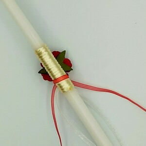 Χειροποίητο λευκό λαμπάδακι "Κόκκινο Τριαντάφυλλο" - μήκος 36εκ - λουλούδια, λαμπάδες, για παιδιά, για ενήλικες, για εφήβους - 4