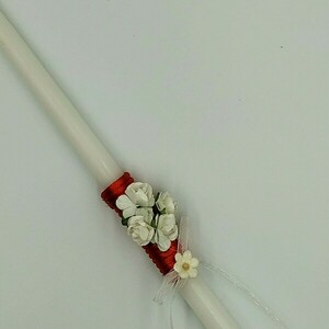 Χειροποίητο λευκό λαμπάδακι "Λευκά Τριανταφυλλάκια" - μήκος 36εκ - λουλούδια, λαμπάδες, για παιδιά, για ενήλικες, για εφήβους - 2