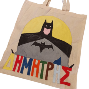 πάνινη τσάντα batman με όνομα παιδιού για τη μεταφορά βιβλίων - ζωγραφισμένα στο χέρι, αγόρι, όνομα - μονόγραμμα