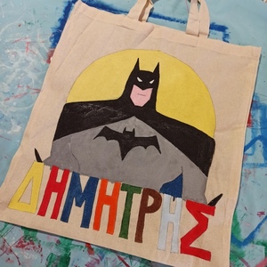 πάνινη τσάντα batman με όνομα παιδιού για τη μεταφορά βιβλίων - ζωγραφισμένα στο χέρι, αγόρι, όνομα - μονόγραμμα - 2