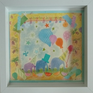 Παιδικός πίνακας σε ψηφιακή επιχρωματισμένη εκτύπωση, "Τρεις θαλασσί ελέφαντες στην ζούγκλα ". Διαστάσεις 30Χ30εκ. - αγόρι, party, ζωάκια, παιδικοί πίνακες