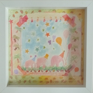 Παιδικός πίνακας σε ψηφιακή επιχρωματισμένη εκτύπωση, "Τρεις Ροζ ελέφαντες στην ζούγκλα Νο3". Διαστάσεις 30Χ30εκ. - πίνακες & κάδρα, κορίτσι, βρεφικά, ζωάκια, παιδικά κάδρα