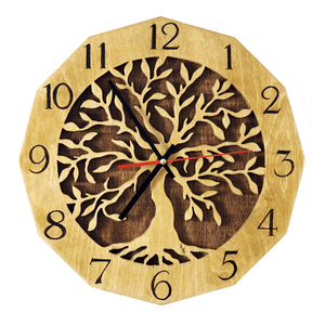 Ξύλινο ρολόι, δέντρο της ζωής με πυρογραφία 35x35cm - ξύλο, διακόσμηση, τοίχου, δέντρο της ζωής