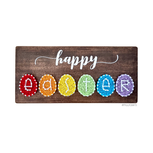 Ξύλινη πινακίδα με καρφιά & κλωστές "Happy Easter" 30x14cm - διακοσμητικά, δώρο για πάσχα, πασχαλινά αυγά διακοσμητικά, πασχαλινά δώρα, διακοσμητικό πασχαλινό