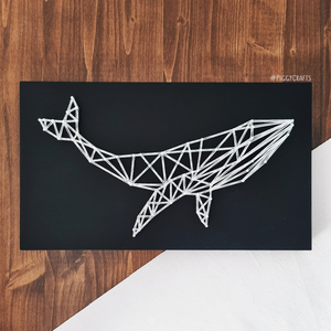 Ξύλινο κάδρο με καρφιά & κλωστές "Polygon Whale" 35x20cm - πίνακες & κάδρα, γεωμετρικά σχέδια, δώρα για άντρες - 3