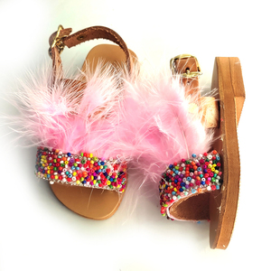 Δερμάτινα σανδάλια με ροζ φτερά και πολύχρωμες πέτρες για κορίτσια / Χειροποίητα πολύχρωμα σανδάλια - φτερό, σανδάλι, πέδιλα, σανδάλια