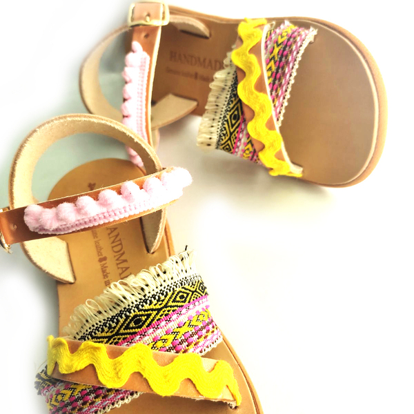Δερμάτινα σανδάλια για κορίτσια σε boho στυλ / Χειροποίητα σανδάλια πολύχρωμα - σανδάλι, πέδιλα, σανδάλια, boho - 2