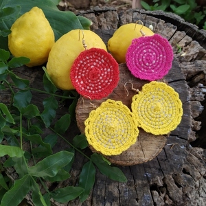Σκουλαρίκια crochet Full Moon κίτρινα στρογγυλά πλεκτά - νήμα, boho, μεγάλα, γάντζος, πλεκτά - 2