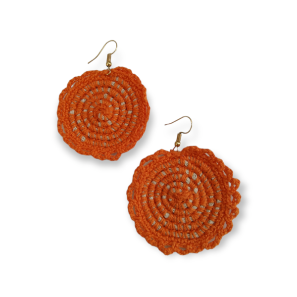 Σκουλαρίκια crochet Full Moon πορτοκαλί στρογγυλά πλεκτά - νήμα, boho, κρεμαστά, μεγάλα, πλεκτά