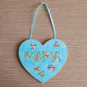 Ξύλινη γαλάζια καρδιά "μαμά" 15*14 cm ζωγραφισμένη στο χέρι - ζωγραφισμένα στο χέρι, καρδιά, μαμά, διακοσμητικά - 3