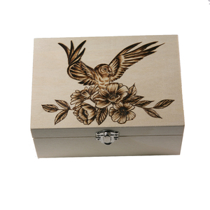 Ξύλινο κουτί με πυρογραφία πουλί και λουλούδια 17x12x8cm - ξύλο, οργάνωση & αποθήκευση