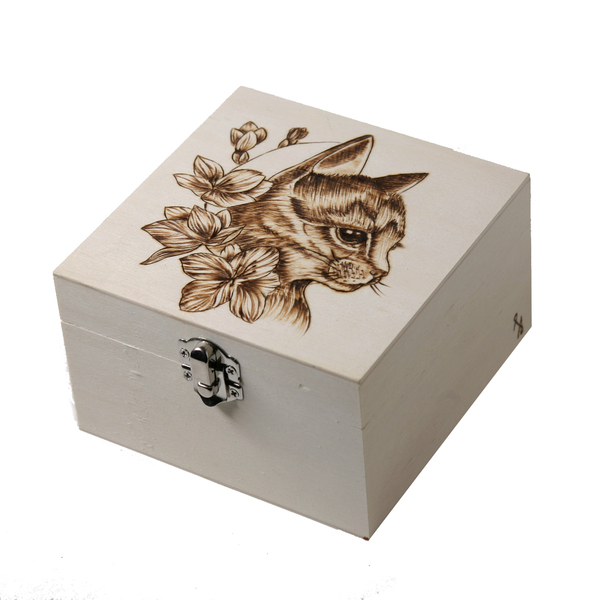 Ξύλινο κουτί με πυρογραφία γάτα 13x13x8cm - ξύλο, οργάνωση & αποθήκευση, γάτα - 2