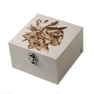 Ξύλινο κουτί με πυρογραφία γάτα 13x13x8cm - ξύλο, οργάνωση & αποθήκευση, γάτα - 2