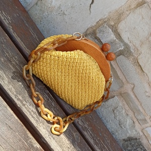 Wooden frame χειροποίητη πλεκτή τσάντα ώμου - νήμα, ώμου, all day, πλεκτές τσάντες, μικρές - 2