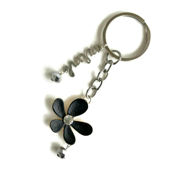 Μπρελόκ κλειδιών Γιαγιά με Λουλούδι Μαύρο μεταλλικό με στρας μέγεθος 9εκ - μεταλλικό, αυτοκινήτου, σπιτιού