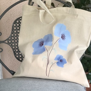 Τσάντα με τυπωμένο σχέδιο μπλε άνθη - ύφασμα, ώμου, φλοράλ, tote, πάνινες τσάντες