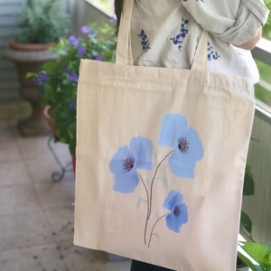 Τσάντα με τυπωμένο σχέδιο μπλε άνθη - ύφασμα, ώμου, φλοράλ, tote, πάνινες τσάντες - 2
