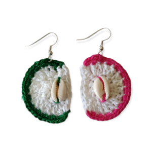Σκουλαρίκια πλεκτά crochet Passion fruit πράσινο-φούξια - νήμα, boho, κρεμαστά, γάντζος, πλεκτά