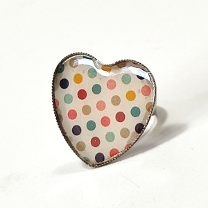 Δαχτυλίδι καρδιά πολύχρωμα πουά με υγρό γυαλί - ορείχαλκος, καρδιά, μεγάλα, επιροδιωμένα, αυξομειούμενα - 3