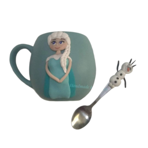 Σετ Frozen χειροποίητη κούπα και κουτάλι από πολυμερικό πηλό - κορίτσι, πορσελάνη, κούπες & φλυτζάνια, ήρωες κινουμένων σχεδίων