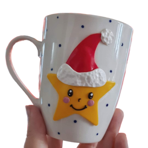 Τρισδιάστατη κούπα αστεράκι με σκουφάκι από πολυμερικό πηλό - αστέρι, πηλός, πορσελάνη, χριστουγεννιάτικα δώρα, κούπες & φλυτζάνια - 2
